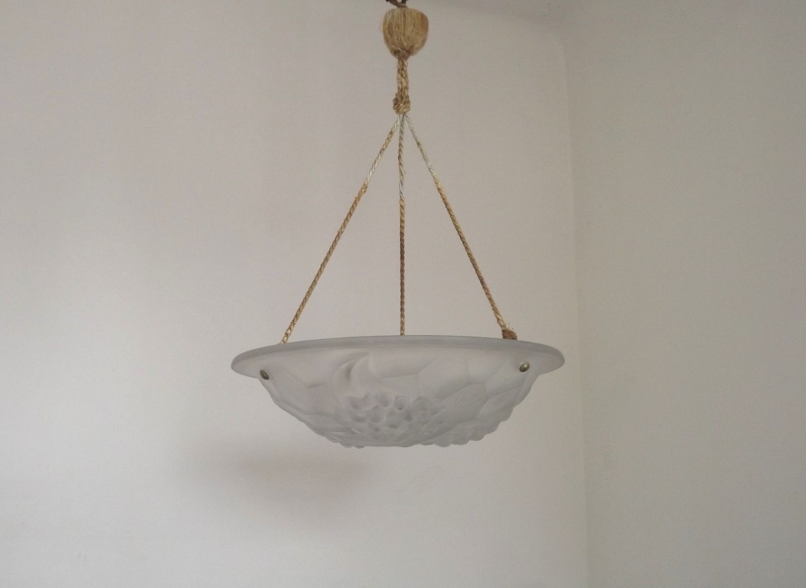 French Art Deco Ceiling Light Ros Degue Frosted Molded Glass Plafonnier photo for sale