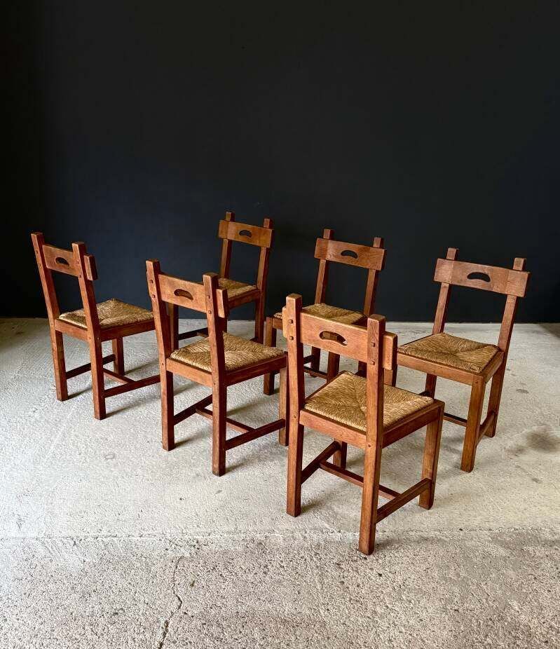 Brutalistisch Rustiek Design – Set Eiken Eetkamerstoelen Met Rieten Zitting, België, Ca. Jaren 1960 photo 1660.0