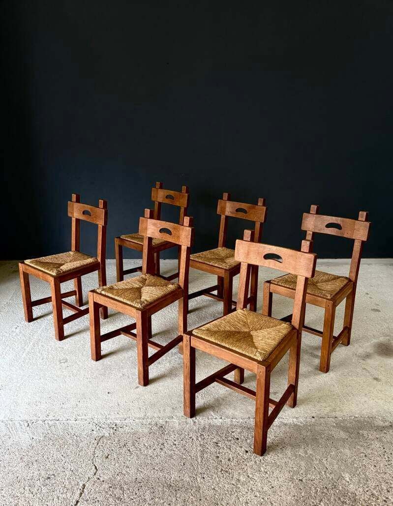 Brutalistisch Rustiek Design – Set Eiken Eetkamerstoelen Met Rieten Zitting, België, Ca. Jaren 1960 photo buy
