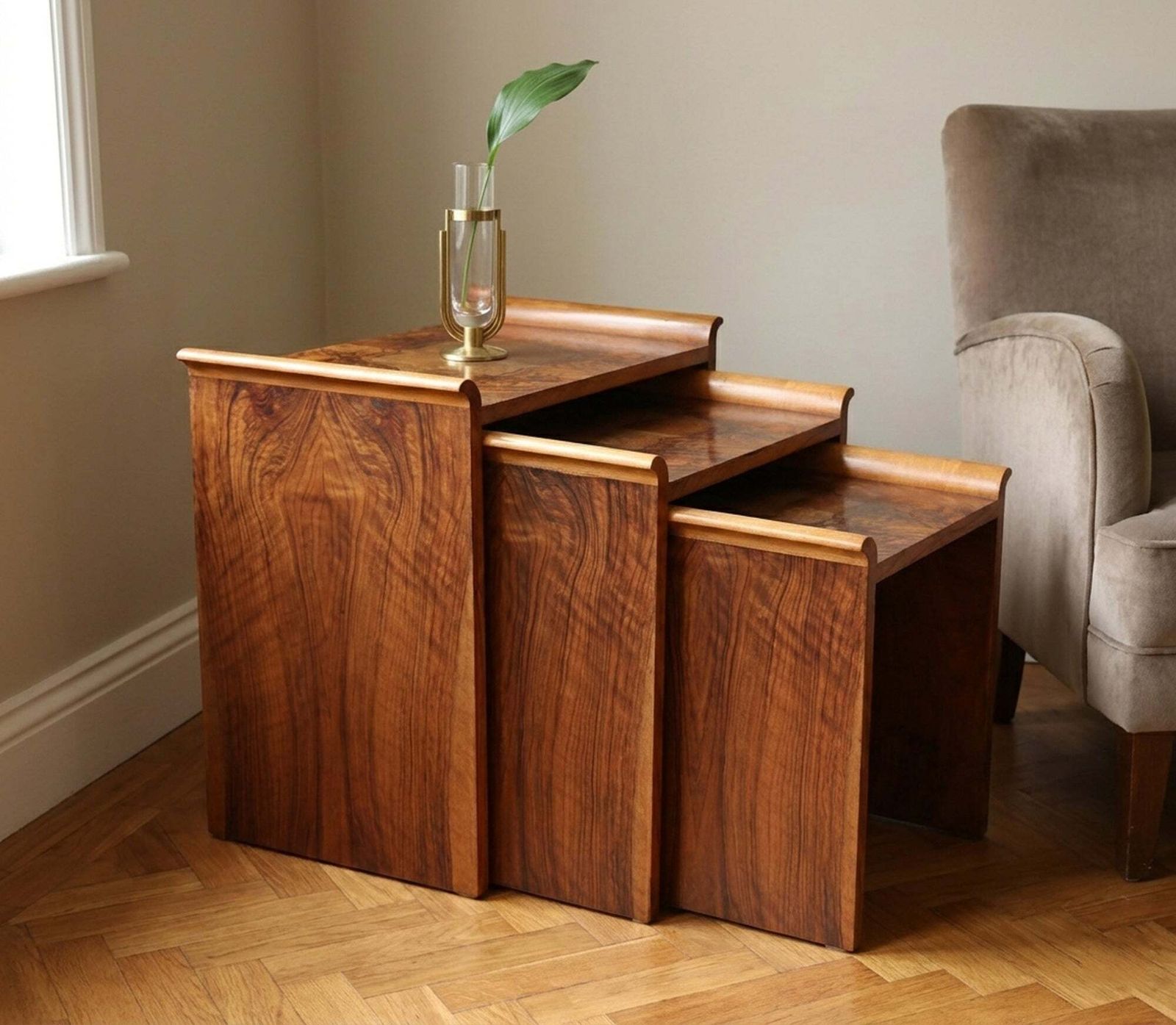 English Art Deco Walnut Nest Of Tables, Circa 1930 photo 1450.0