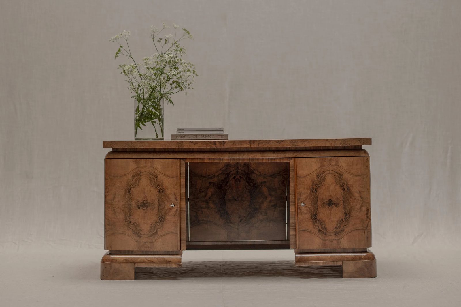 Burlwood Desk   Center Table, Circa 1940 photo for sale