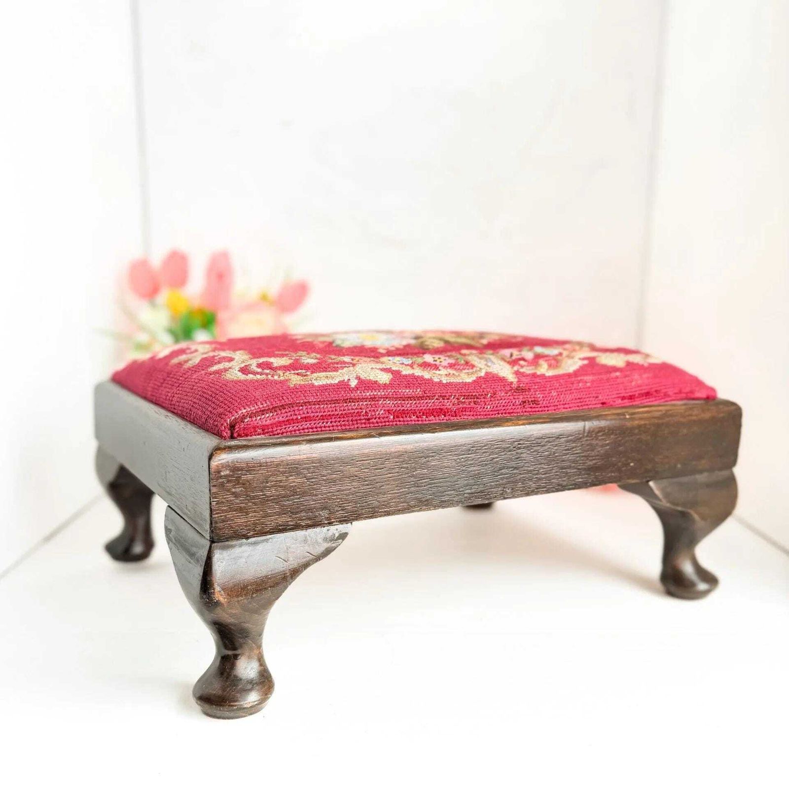 Vintage Floral Needlepoint Footstool Queen Anne Wooden Legs photo furniture