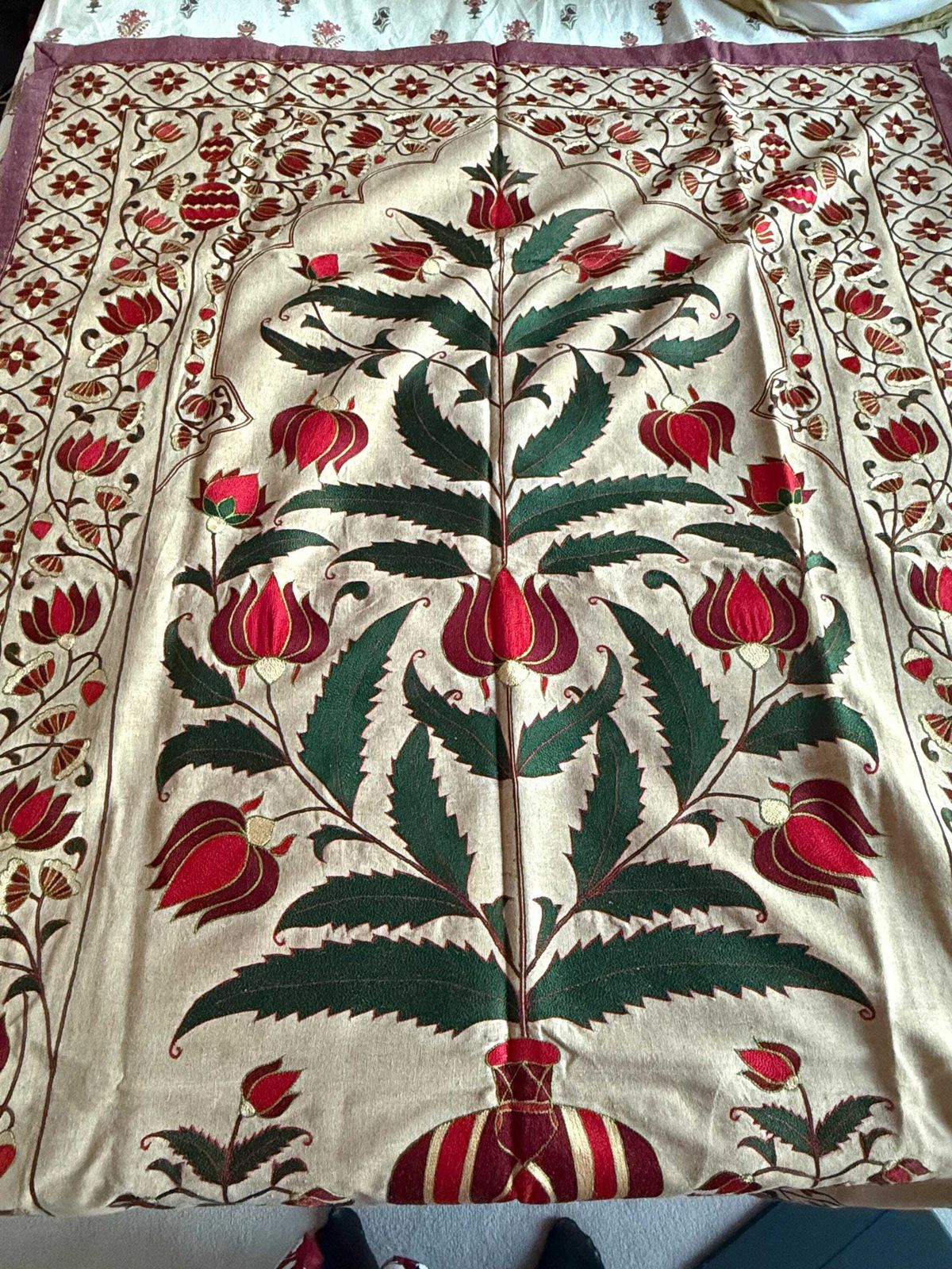 Vintage Mughal Floral Textile Wall Hanging| Rare Embroidered Tapestry Art photo furniture