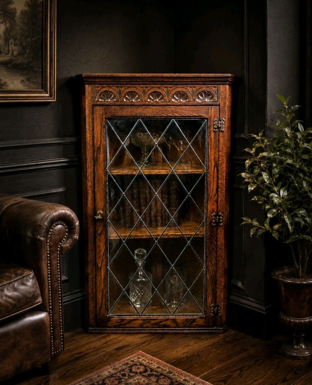 Oak Corner Cabinet Leaded Glass Tudor Style