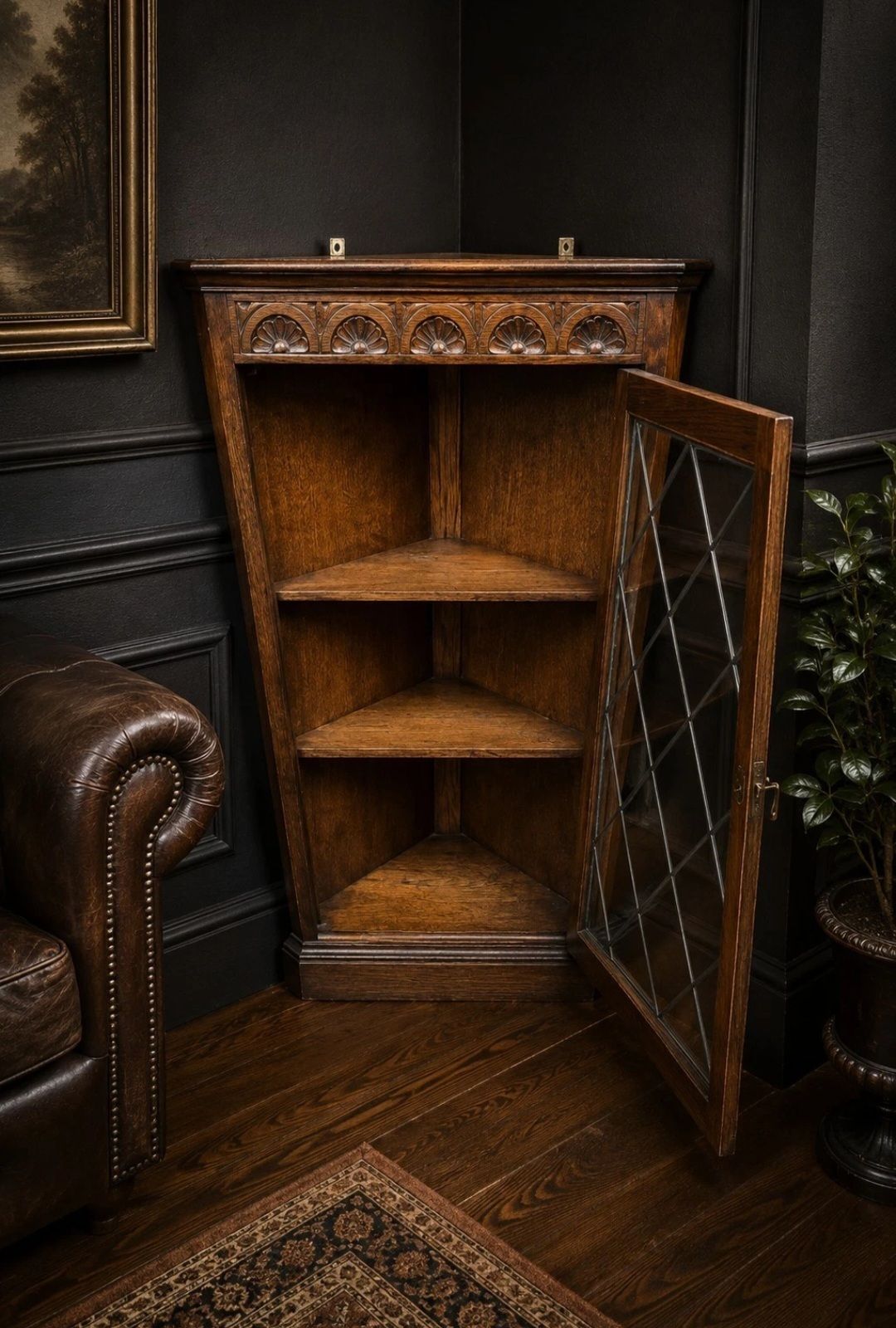 Oak Corner Cabinet Leaded Glass Tudor Style photo Furniture