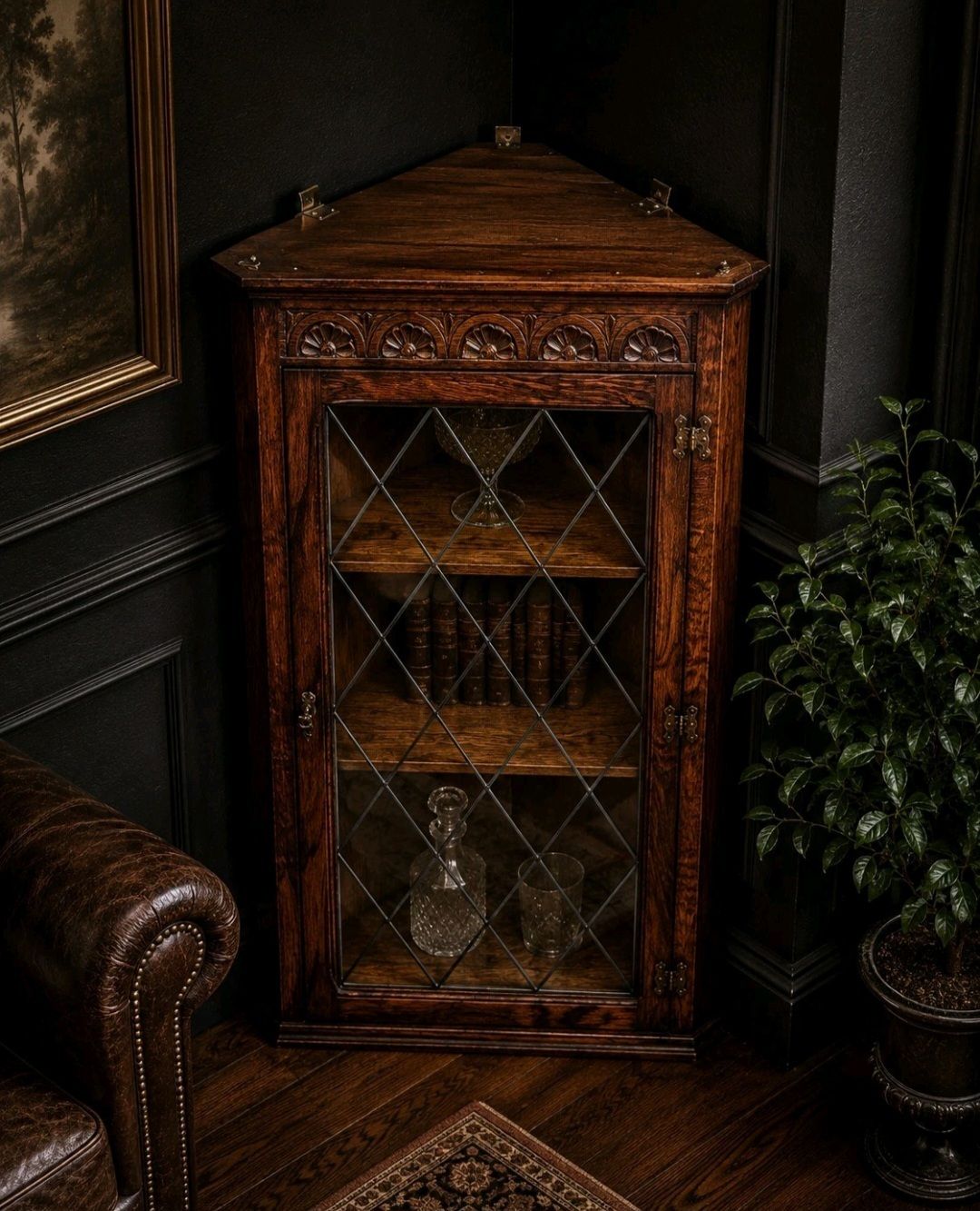 Oak Corner Cabinet Leaded Glass Tudor Style photo 330.0