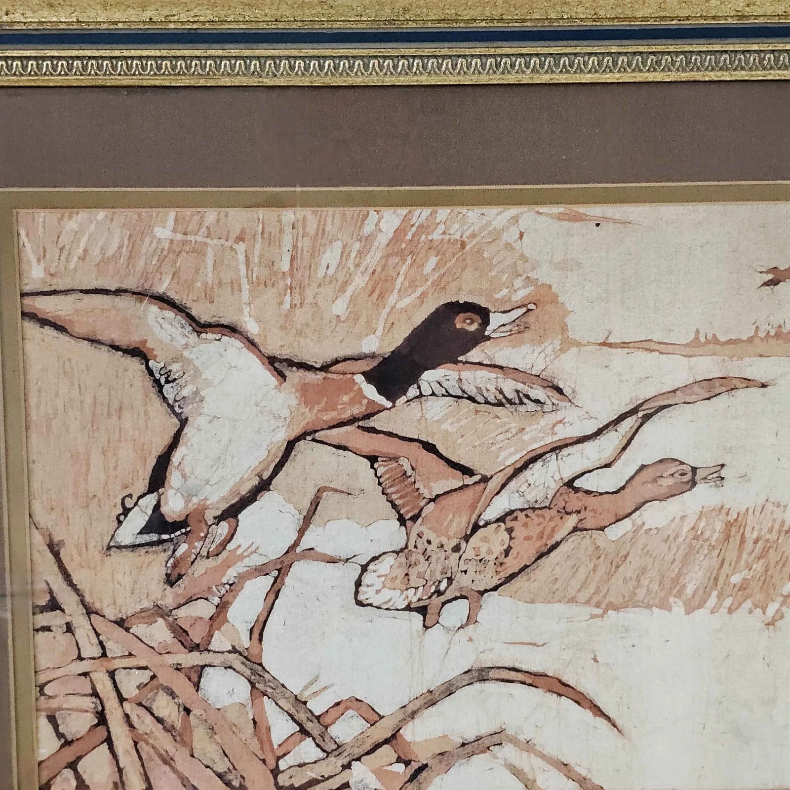 Lovely Vintage Batik Painting   Mallard Ducks In Flight   1980s   Impressionist   Rosi Robinson photo furniture