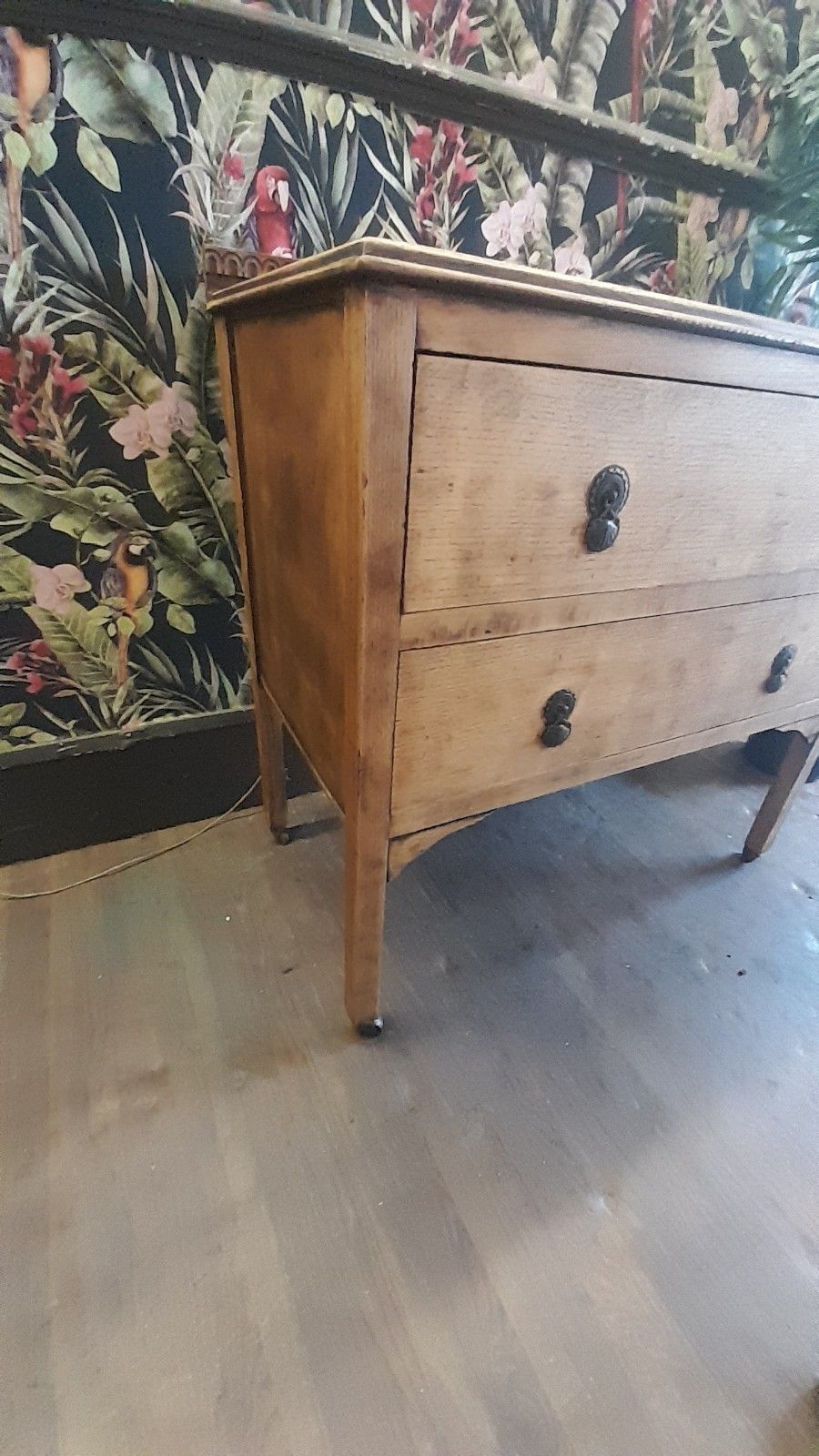 photo furniture Vintage Solid Carved Light Oak Chest Of 2 Drawers With Original Handles
