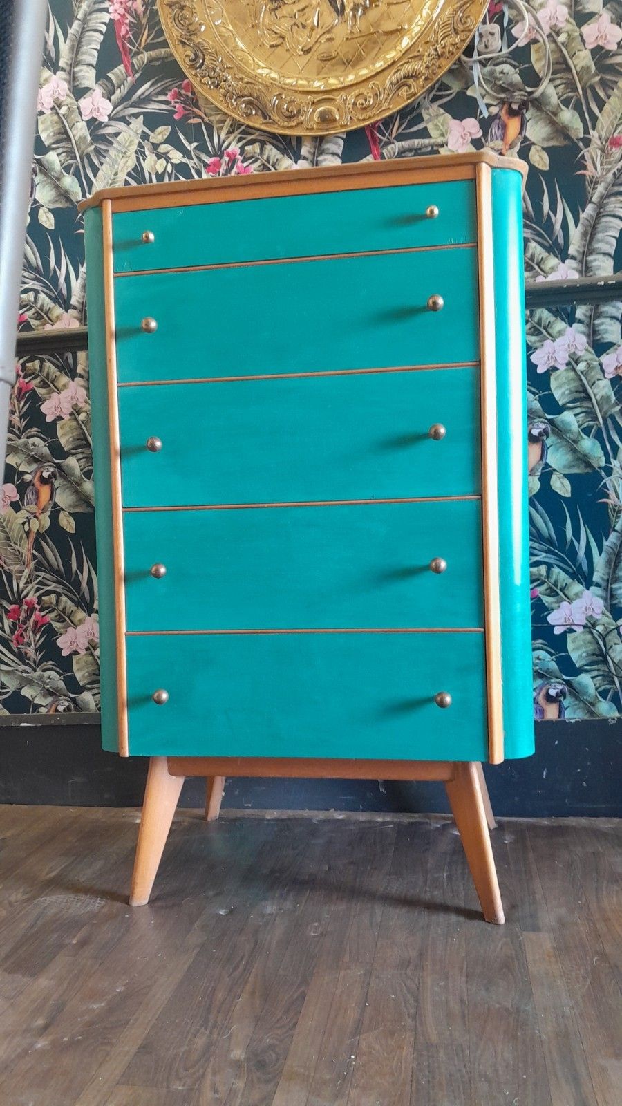 Mid Century Modern Painted Tall Chest Of 5 Drawers With Original Handles