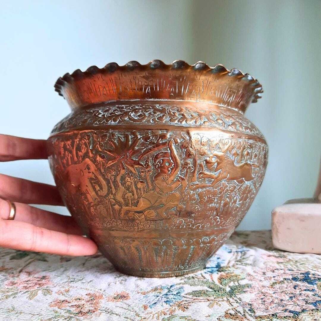 Antique Indian Hand Engraved Brass Jardiniere Plant Pot Ruffled Rim H 5.5''