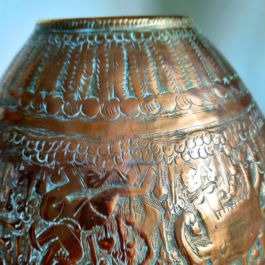 Antique Indian Hand Engraved Brass Jardiniere Plant Pot Ruffled Rim H 5.5'' photo furniture