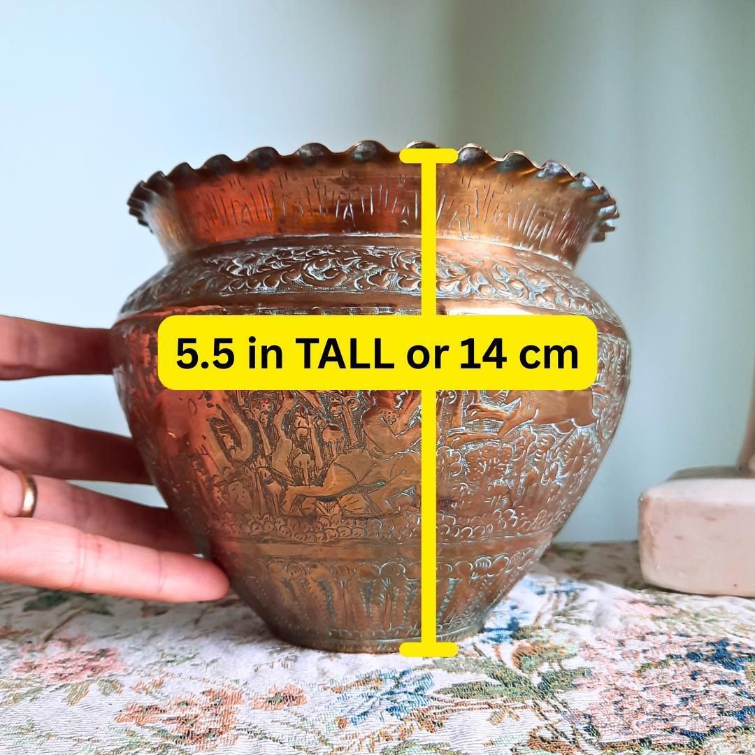 Antique Indian Hand Engraved Brass Jardiniere Plant Pot Ruffled Rim H 5.5'' photo for sale