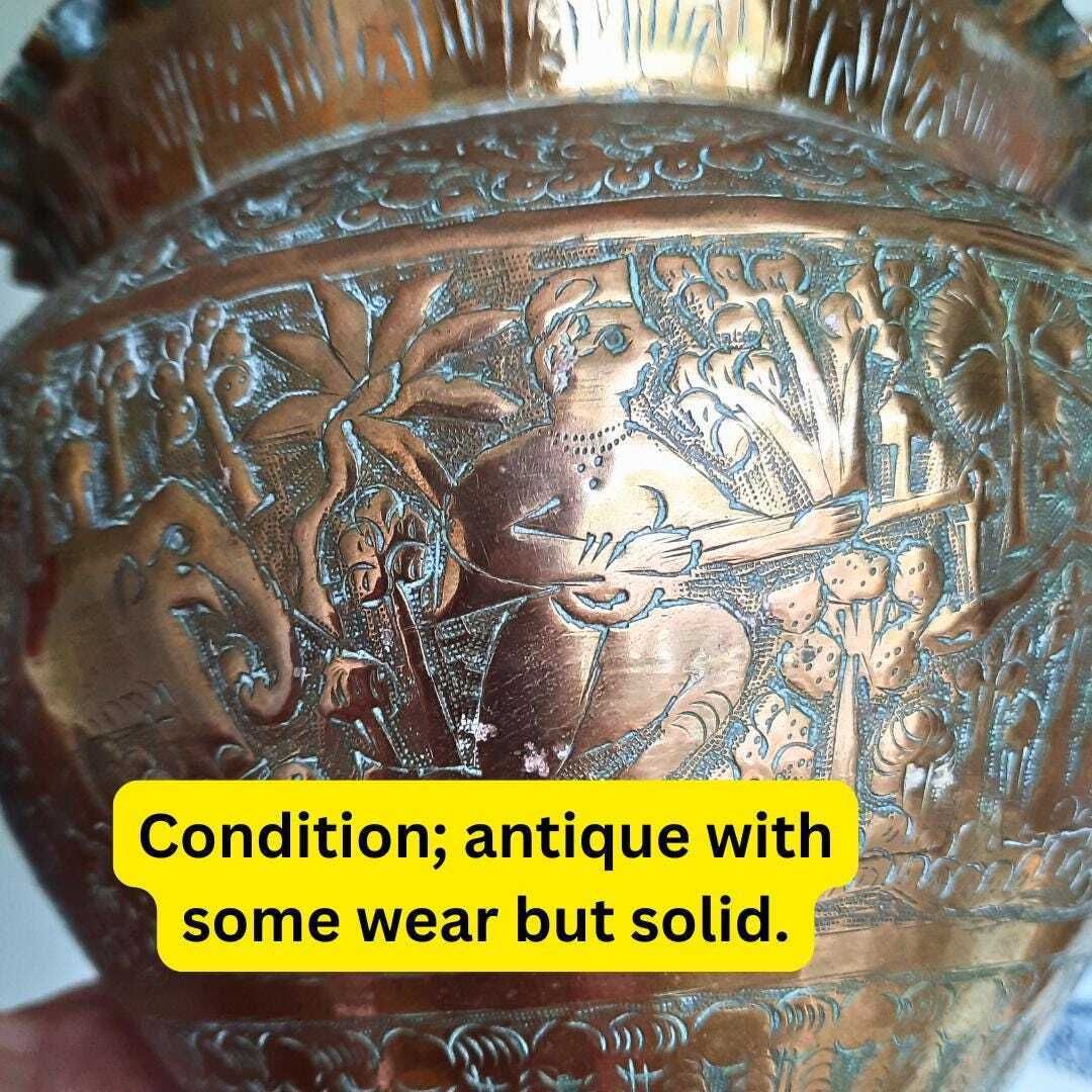 Antique Indian Hand Engraved Brass Jardiniere Plant Pot Ruffled Rim H 5.5'' photo 58.0