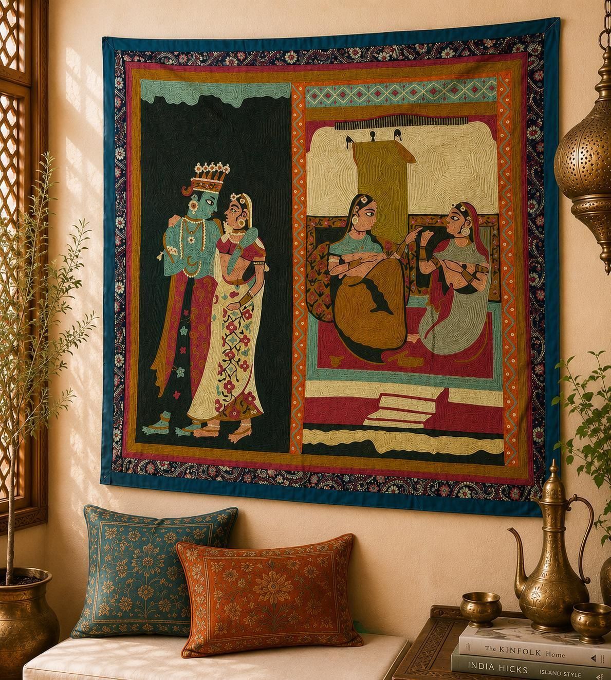 Hand Embroidered Indian Mythology Wall Hanging – Vintage Textile Art Tapestry | Handmade Boho Home Decor photo furniture