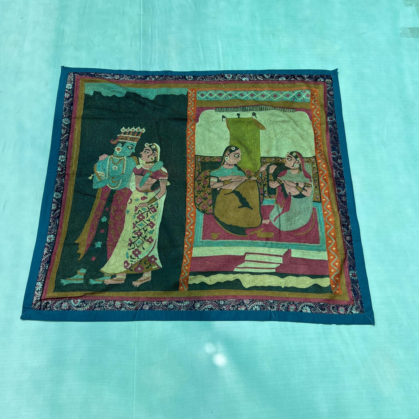Hand Embroidered Indian Mythology Wall Hanging – Vintage Textile Art Tapestry | Handmade Boho Home Decor photo for sale