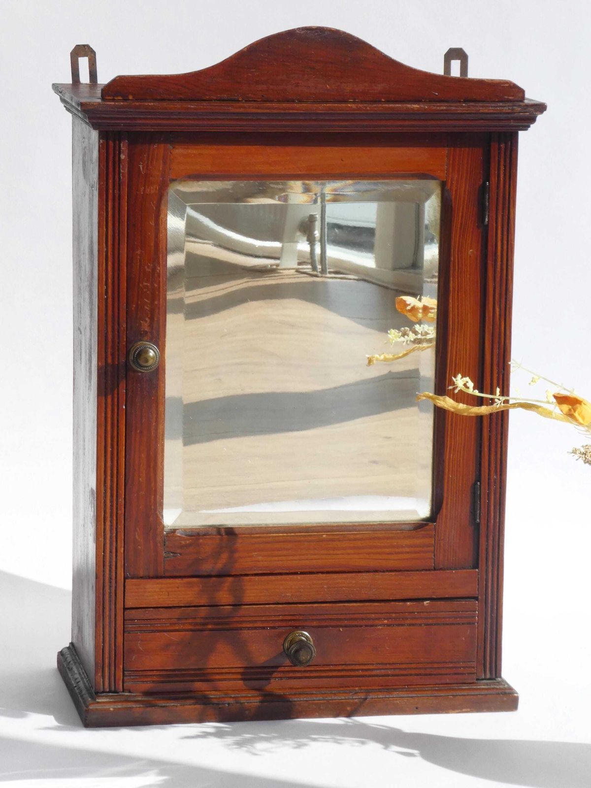 Antique Art Deco Wooden Wall Cabinet With Mirror, Carved Apothecary With Shelves And Drawer, Wall Farmhouse Decor photo 299.0