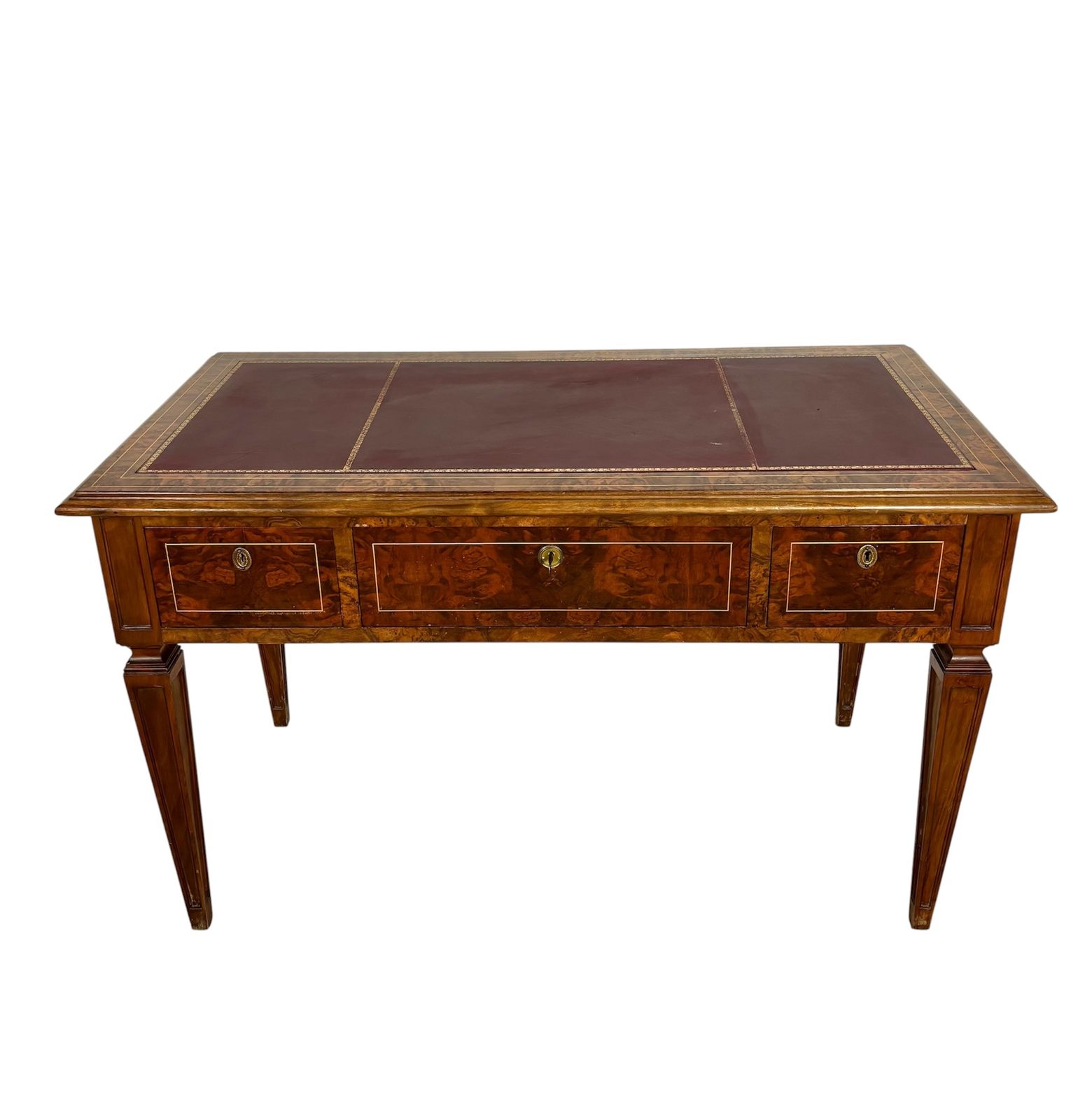 French Louis XVI Style Walnut Writing Desk With Leather Top, Early 20th Century