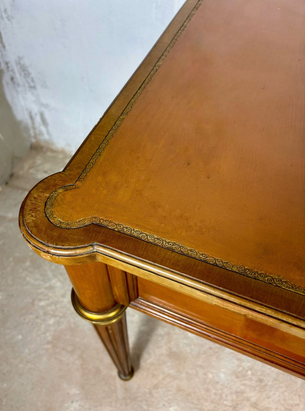 photo buy Elegant Early 20th Century Writing Desk With Brass Details And Three Drawers