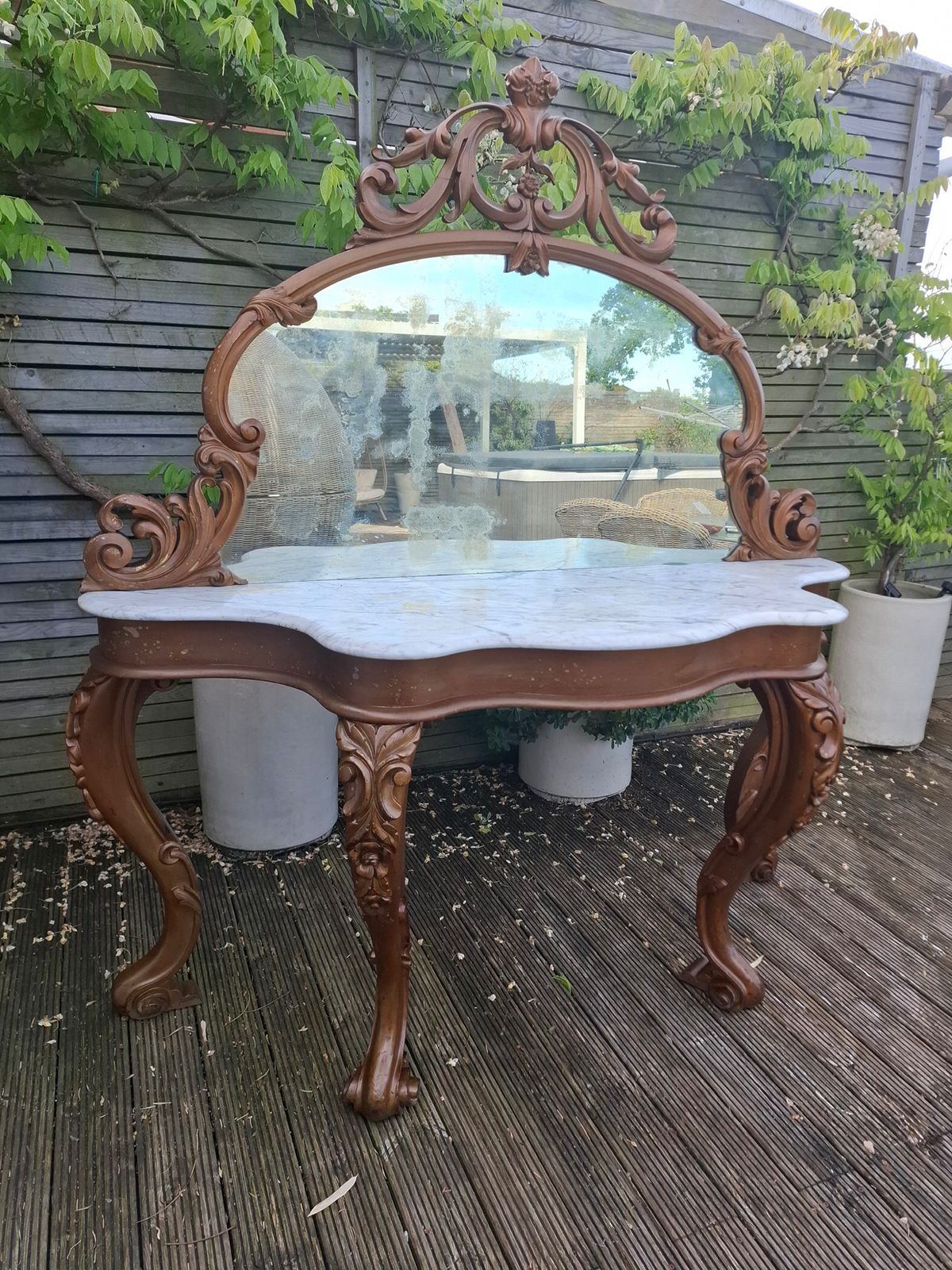 18th Century Louis Vx Style Serpentine Marble Top Heavily Carved Hall Table Mirror