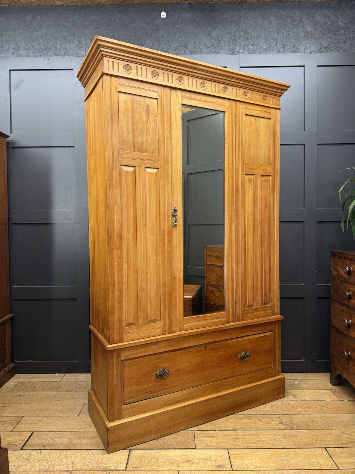 Antique Satinwood Single Wardrobe Mirrored Door Bedroom Storage Drawer