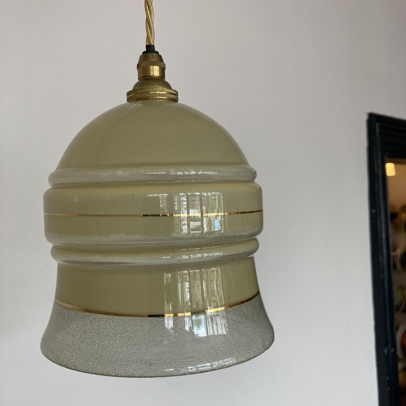 Yellow Textured Glass Shade With Gold Band Details photo furniture
