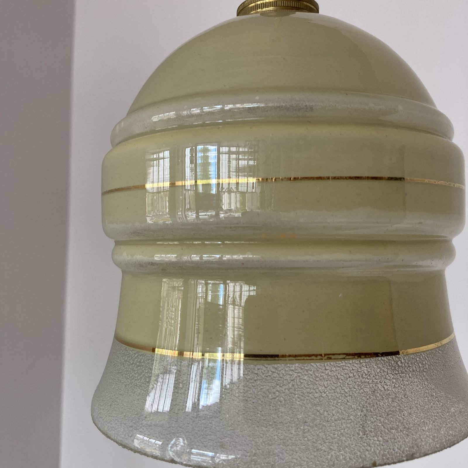 Yellow Textured Glass Shade With Gold Band Details photo Lighting