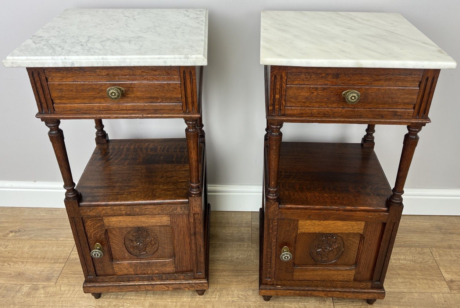 Pair Of Bedside Tables Antique French Marble Top Carved Oak Cabinets Lot 6093