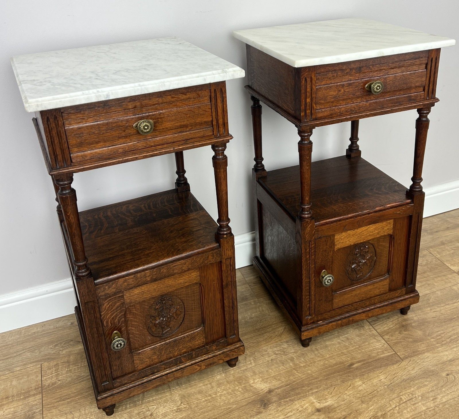 Pair Of Bedside Tables Antique French Marble Top Carved Oak Cabinets Lot 6093 photo for sale