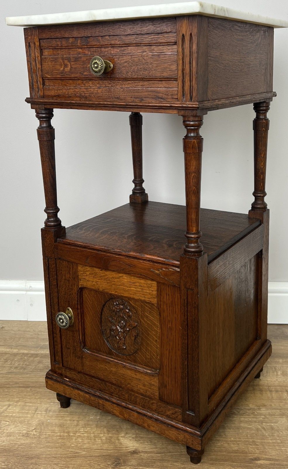 photo for sale Pair Of Bedside Tables Antique French Marble Top Carved Oak Cabinets Lot 6093