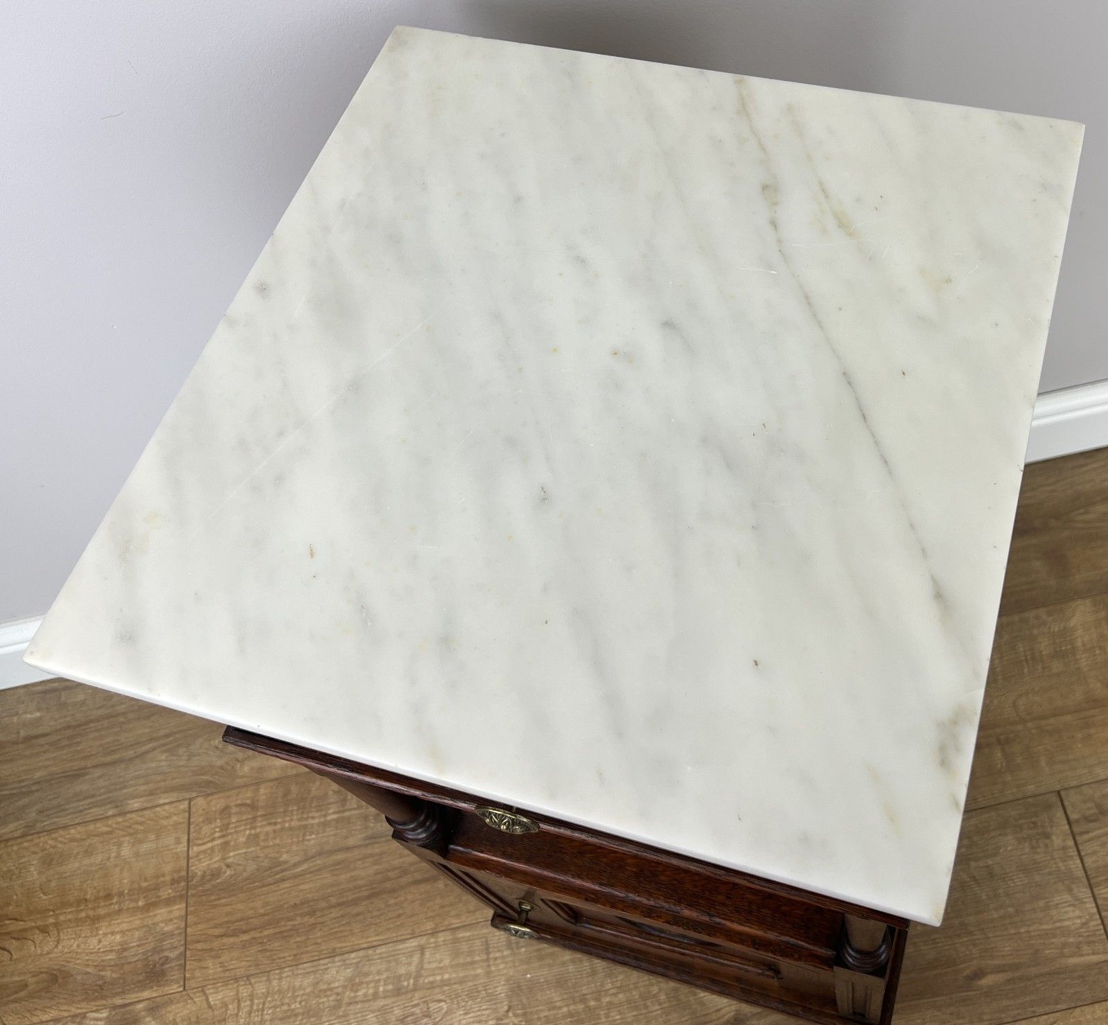 Furniture Pair Of Bedside Tables Antique French Marble Top Carved Oak Cabinets Lot 6093 photo