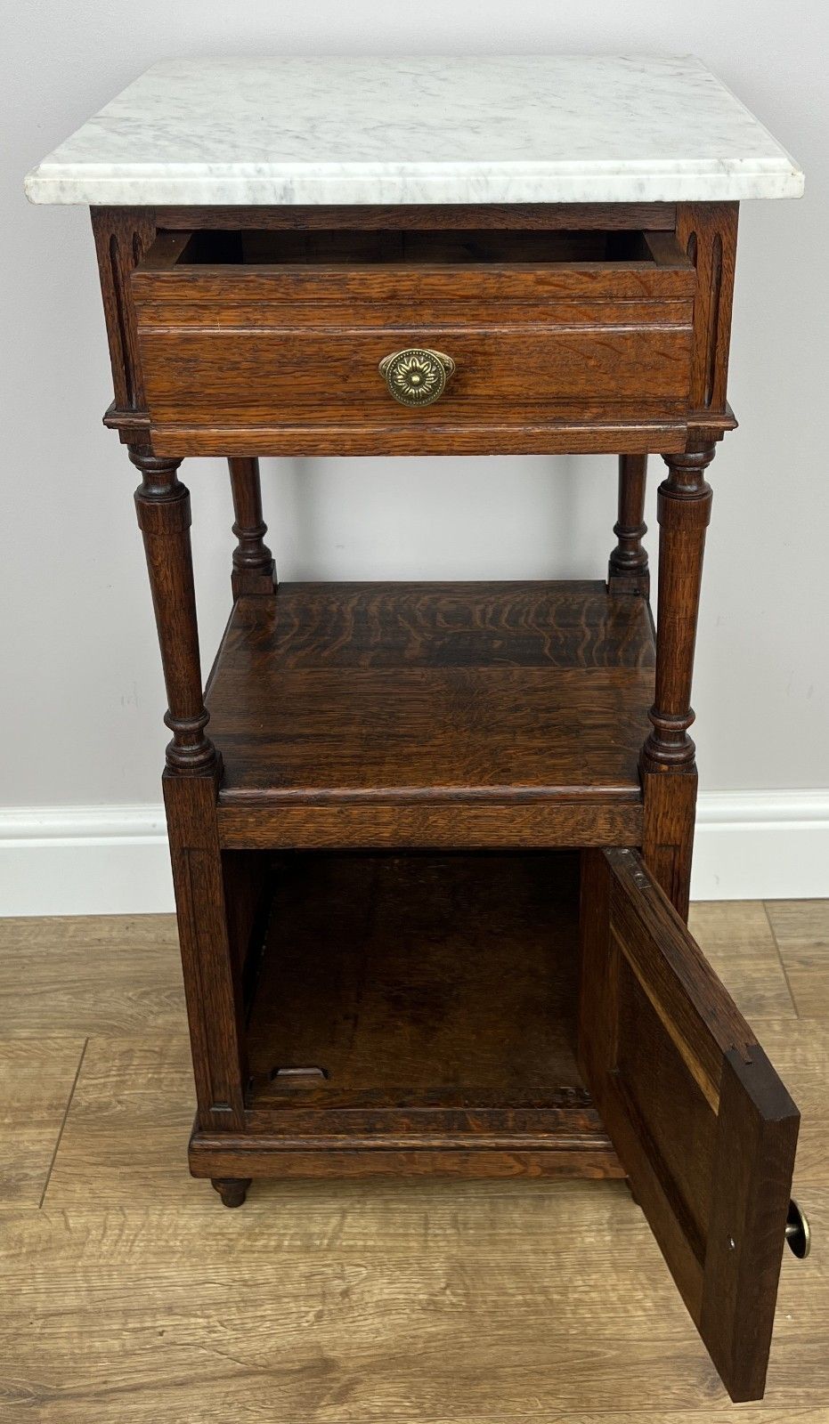 photo buy Pair Of Bedside Tables Antique French Marble Top Carved Oak Cabinets Lot 6093