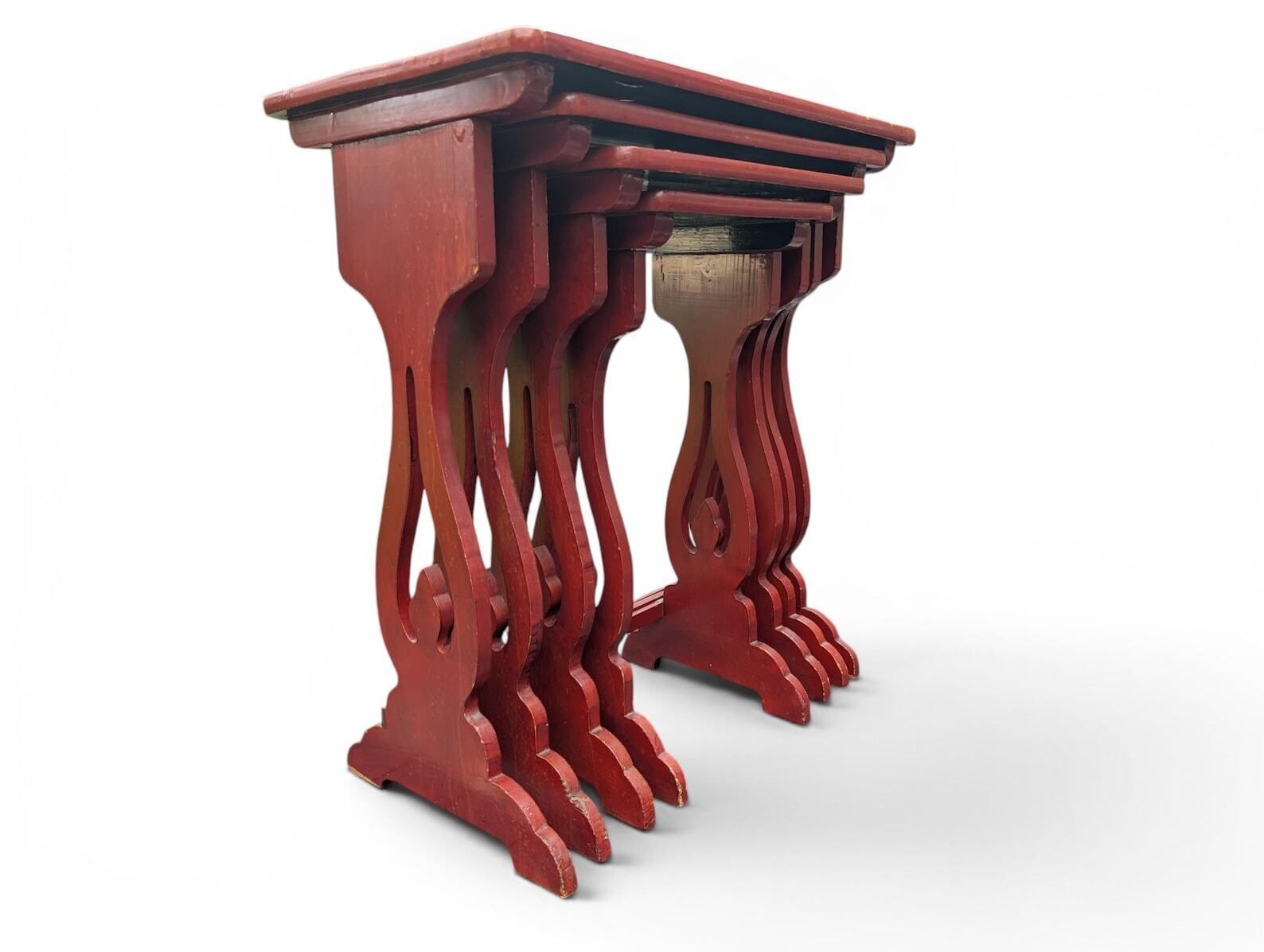 Japanese Lacquer Nesting Tables Red Chinoiserie Side Tables Mid Century photo vinterior