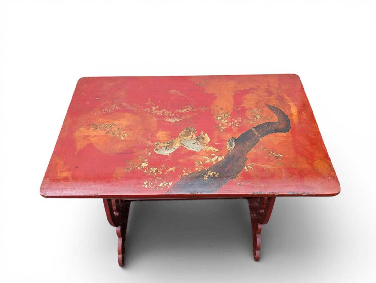 Japanese Lacquer Nesting Tables Red Chinoiserie Side Tables Mid Century photo vintage