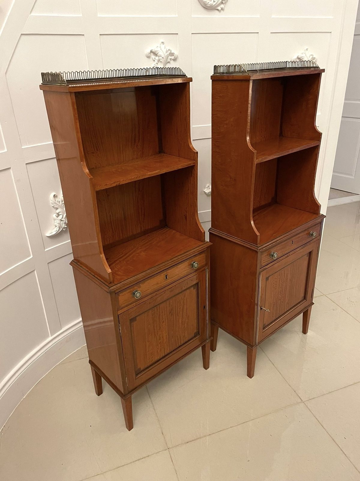 Furniture Rare Pair Of Gillows Antique Quality Satinwood Waterfall Bookcases photo