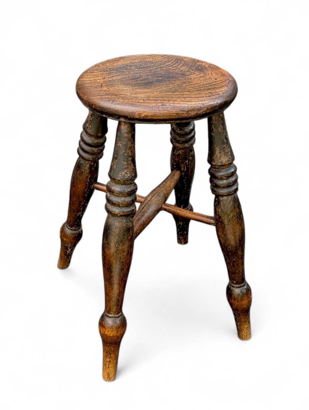 19th Century English Elm Stool: Victorian Country Style, Worn Patina photo vintage