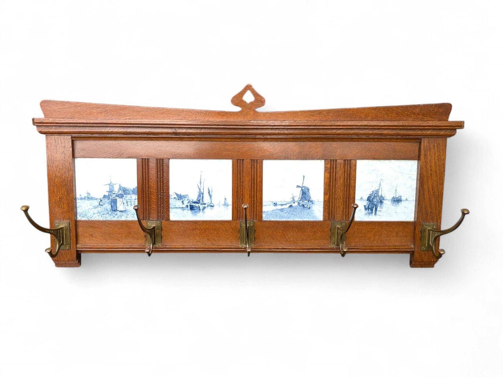 Arts And Crafts Dutch Oak Coat Rack With Delft Blue Tiles And Brass Hooks photo furniture