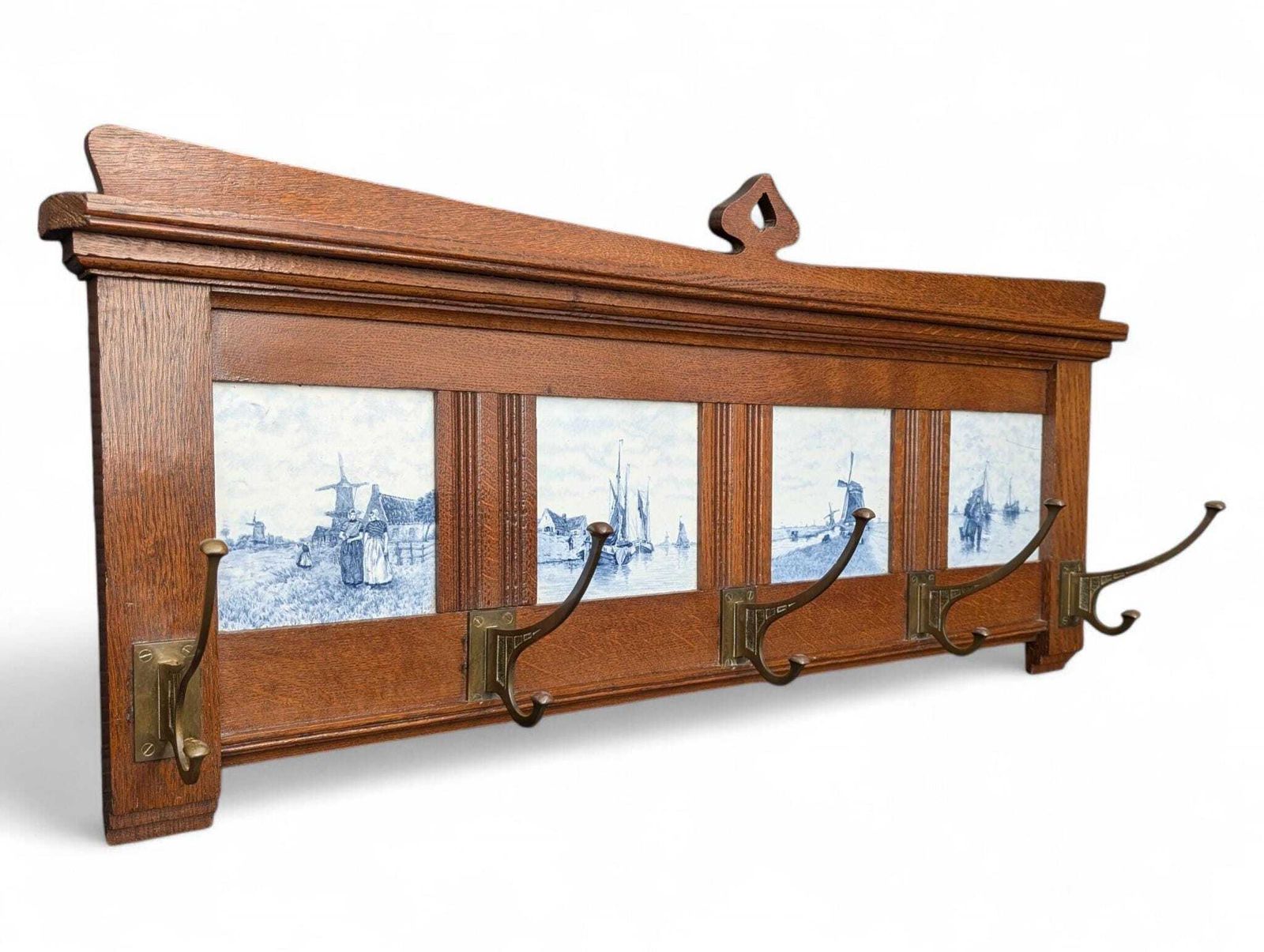 Arts And Crafts Dutch Oak Coat Rack With Delft Blue Tiles And Brass Hooks photo for sale