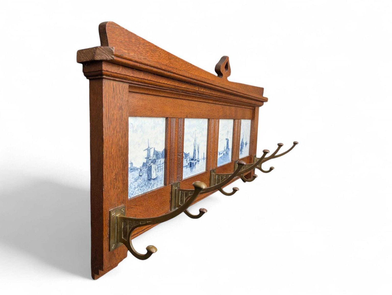 Arts And Crafts Dutch Oak Coat Rack With Delft Blue Tiles And Brass Hooks photo 313.0