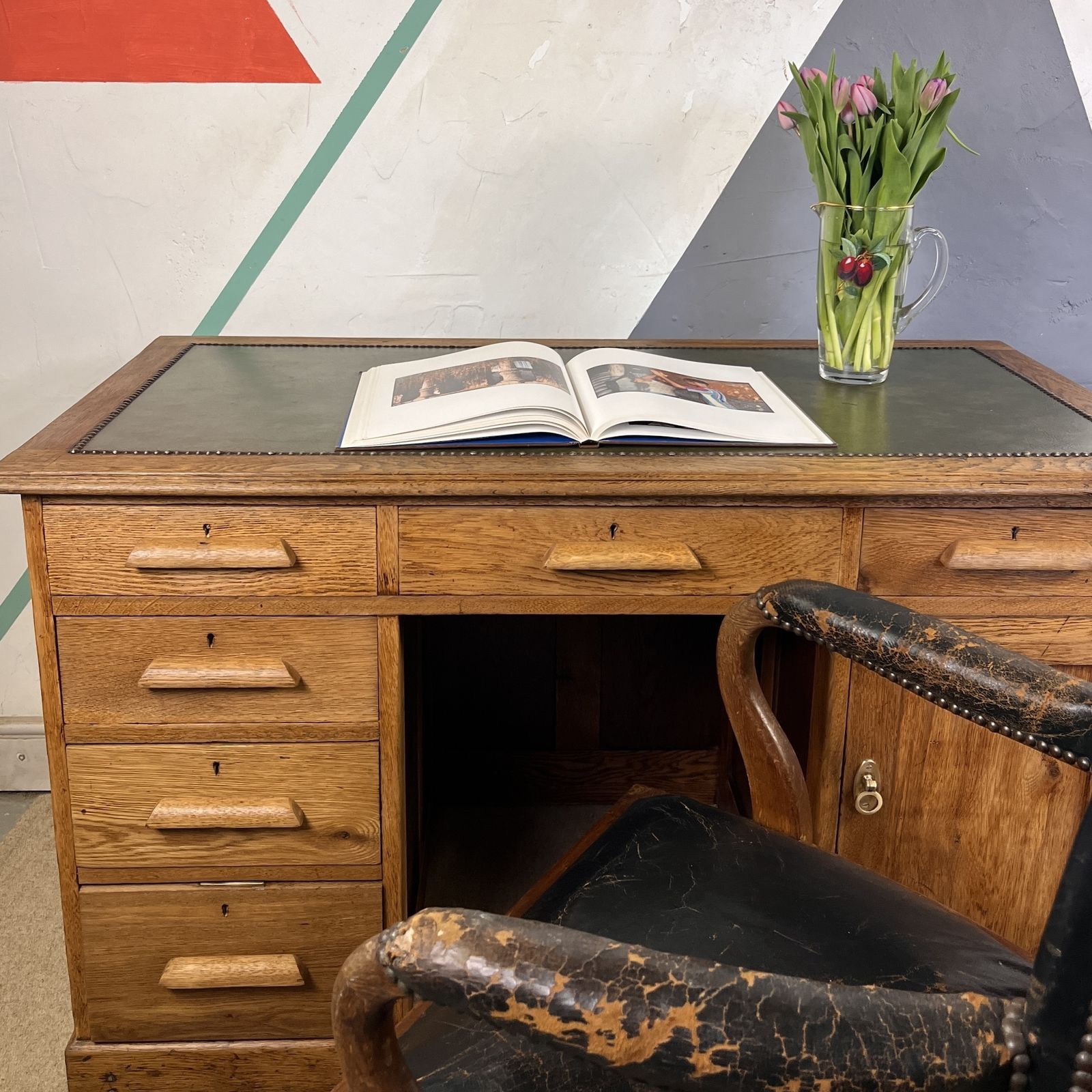 Early Mid Century Oak Pedestal Kneehole Office Desk photo furniture
