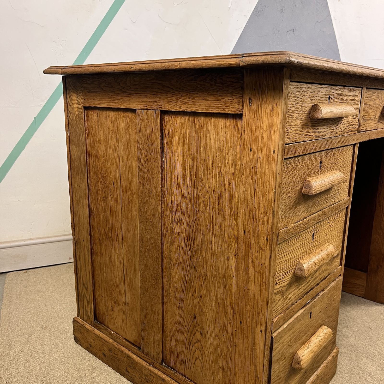 Early Mid Century Oak Pedestal Kneehole Office Desk photo vintage