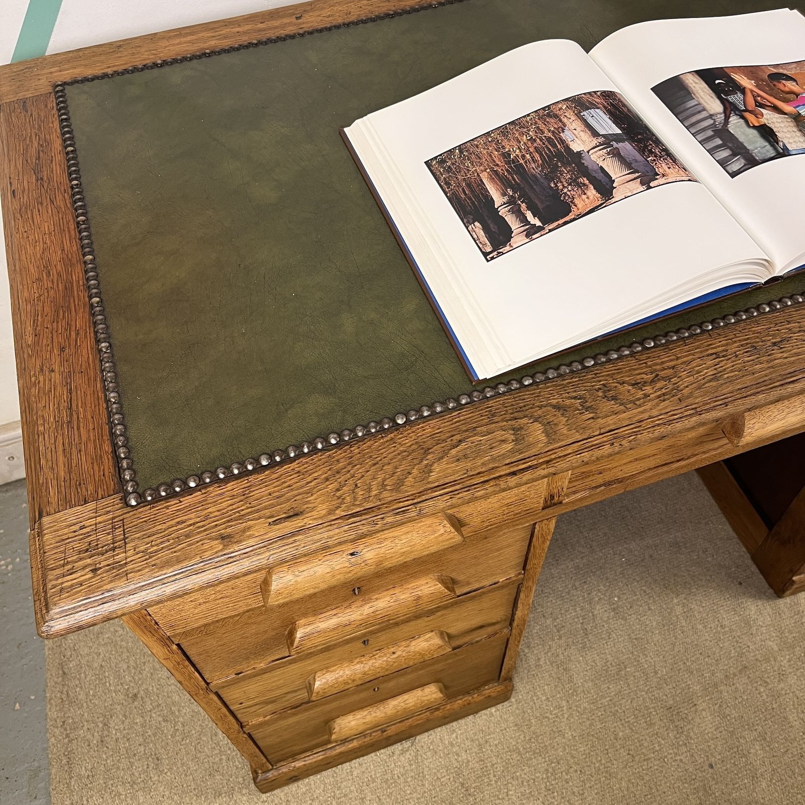 photo buy Early Mid Century Oak Pedestal Kneehole Office Desk