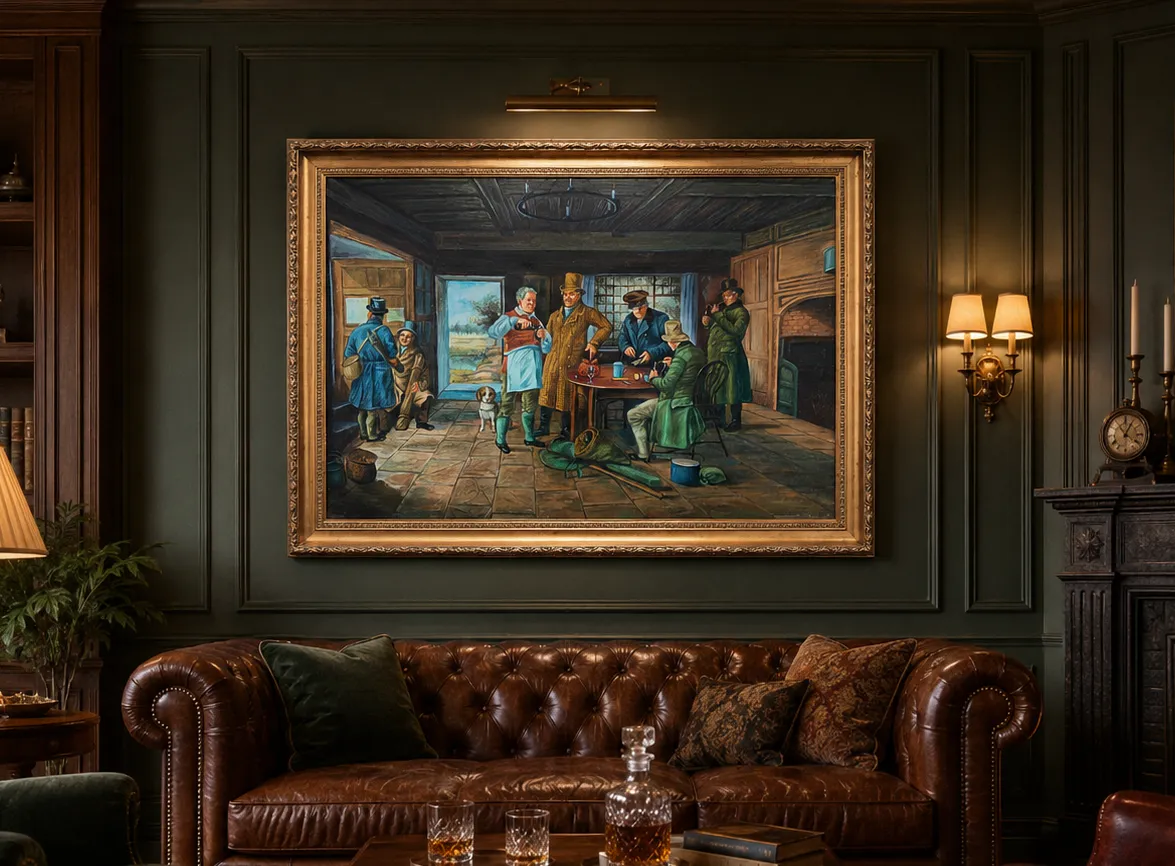 Large Vintage Inn Interior Oil Painting 19th Century Style Genre English School photo furniture