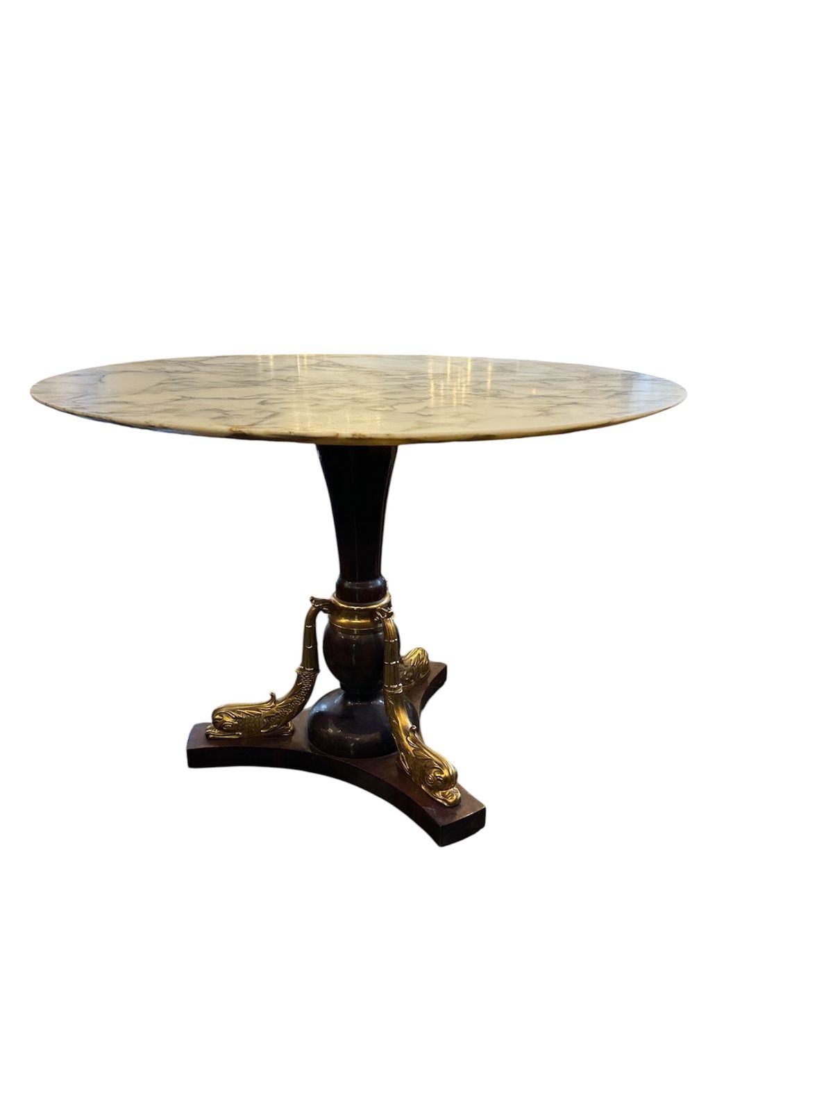 French 1940 Maison Jansen Carrara Marble Top Centre Table And Stylised Ormolu Dolphins Adorning A Lacquer Wood Base photo Furniture