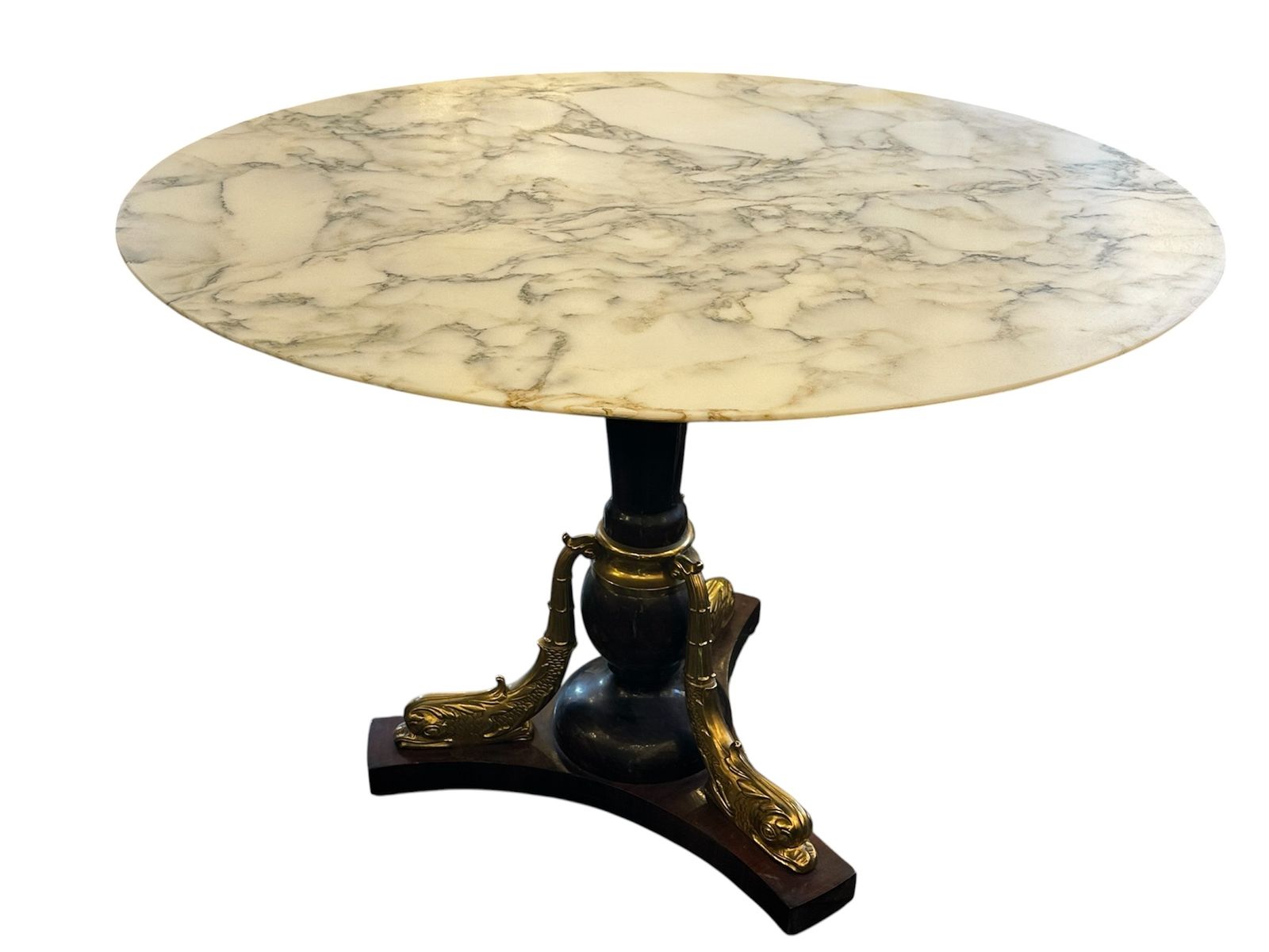 French 1940 Maison Jansen Carrara Marble Top Centre Table And Stylised Ormolu Dolphins Adorning A Lacquer Wood Base