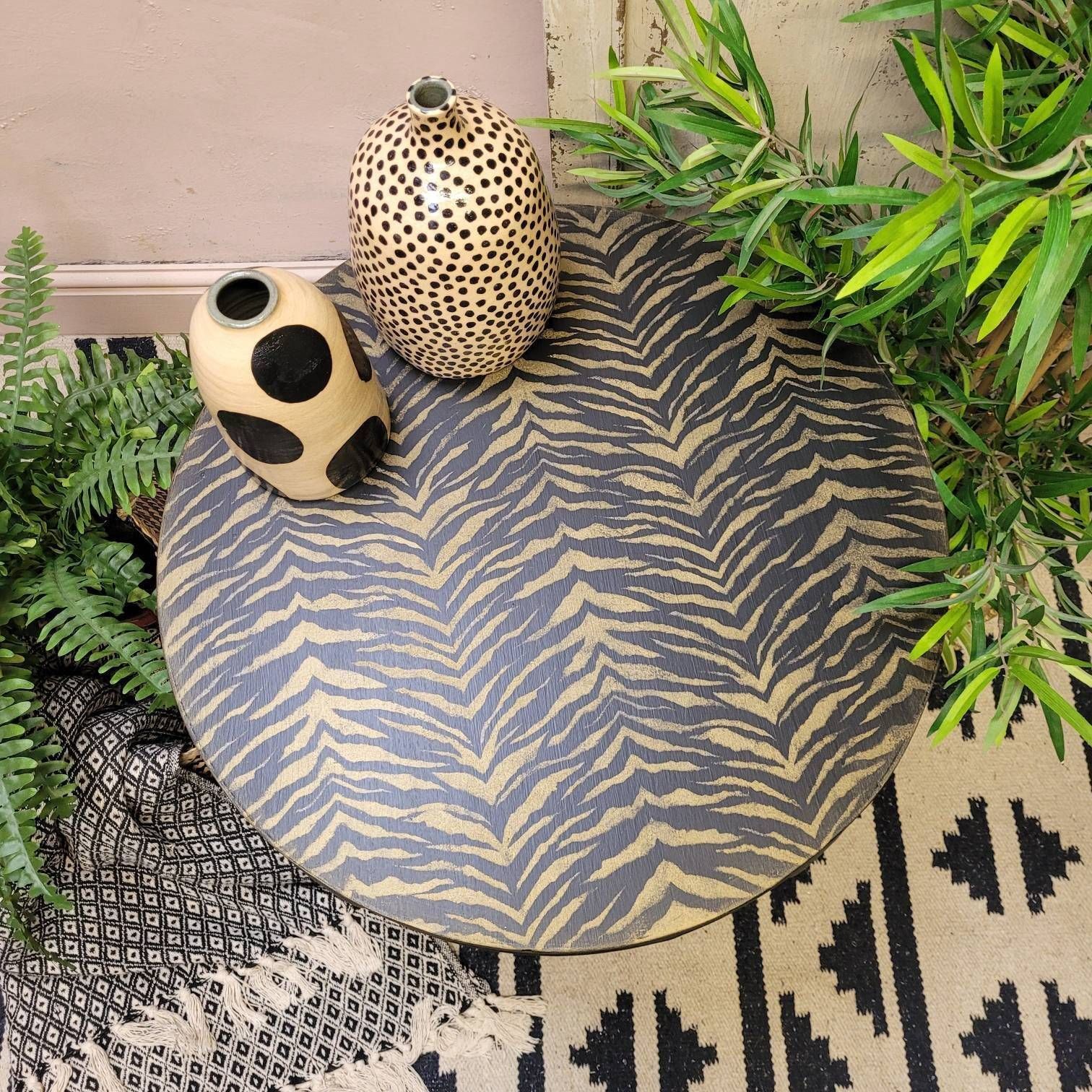 Round Coffee Table   Hand Painted   Gold Metallic Zebra Print   Metallic Accents   Boho   Maximalist   Black