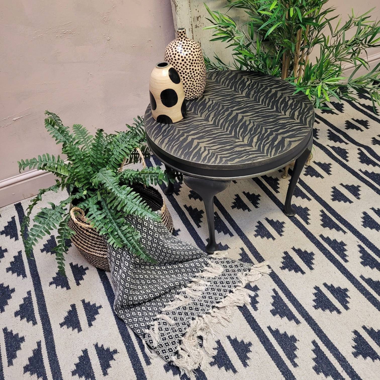 Round Coffee Table   Hand Painted   Gold Metallic Zebra Print   Metallic Accents   Boho   Maximalist   Black photo 195.0