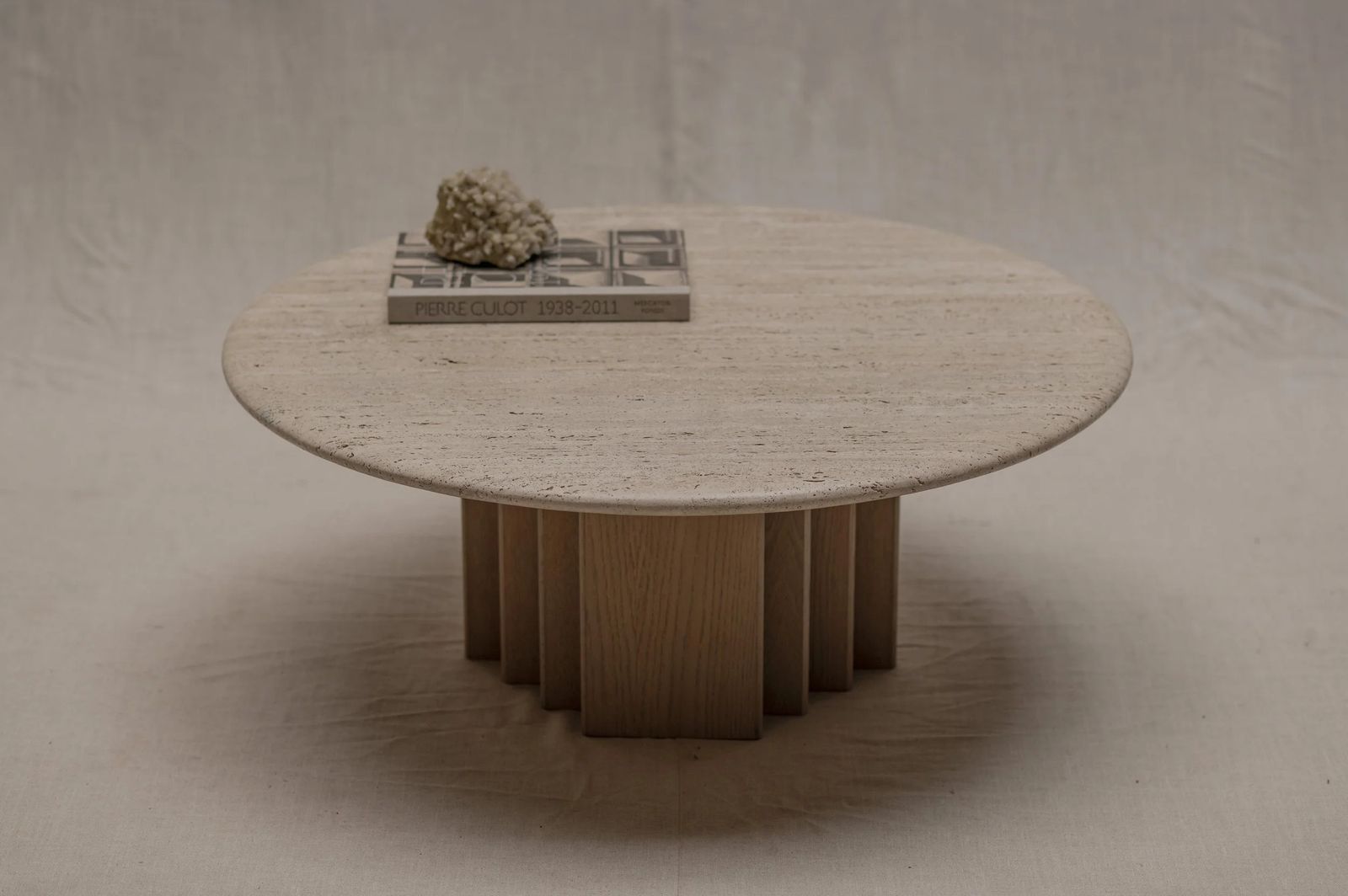 Mid Century Coffee Table In Oak And Travertine, 1970s photo for sale