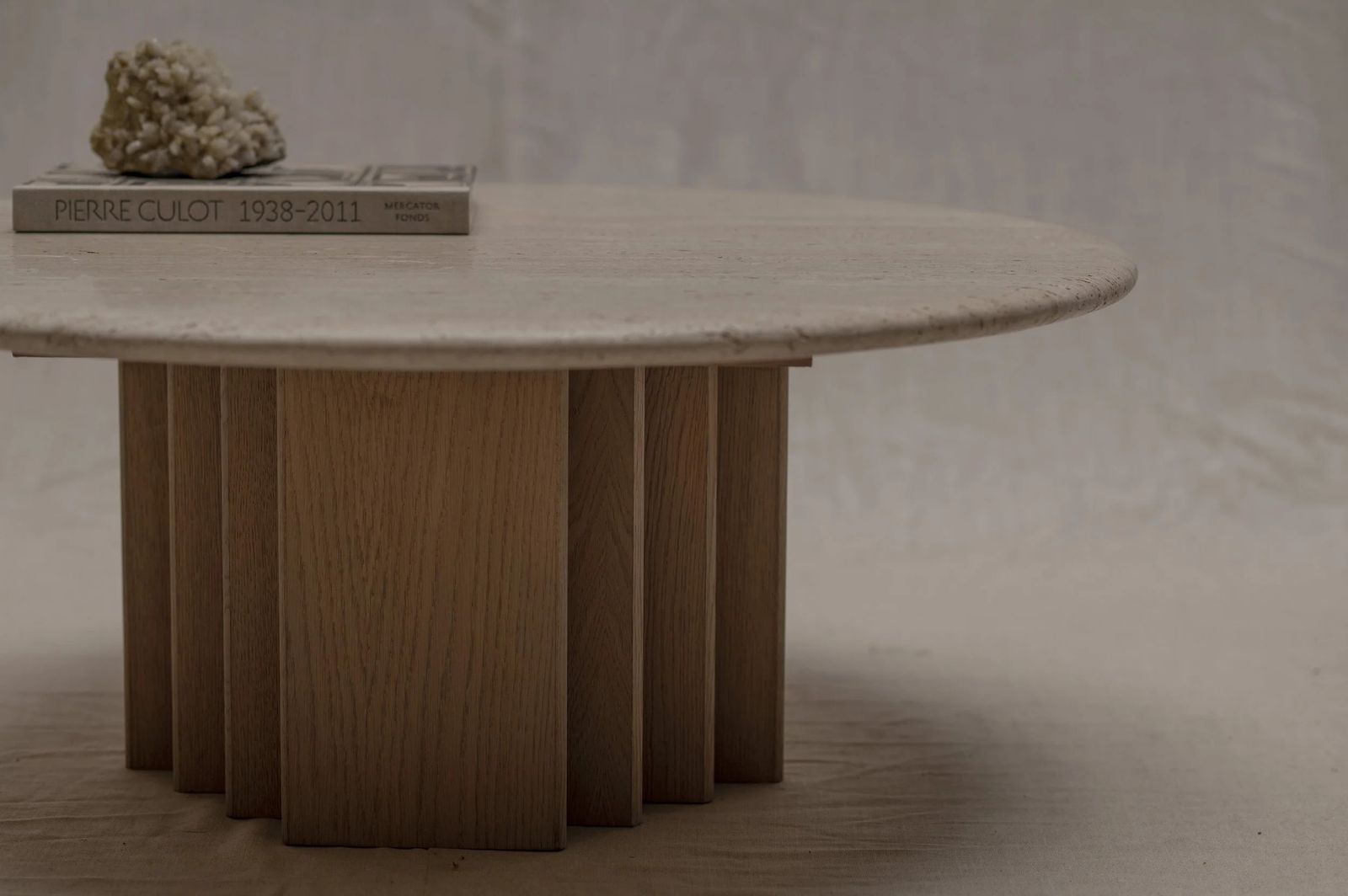 Mid Century Coffee Table In Oak And Travertine, 1970s photo vinterior