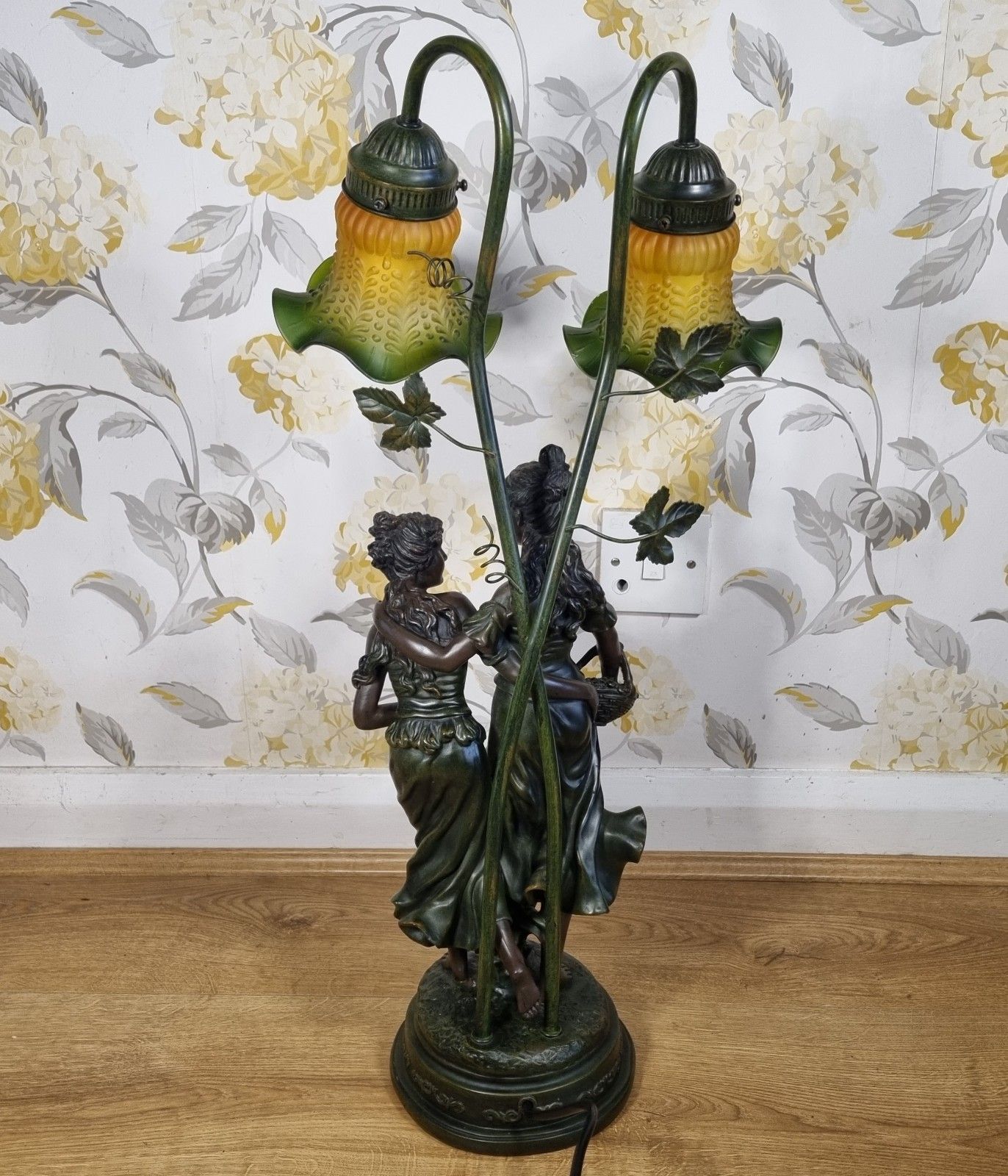 Lighting Large Widdop Bingham Art Nouveau Style Table Lamp 2 Figures Ruffle Tulip Shades photo