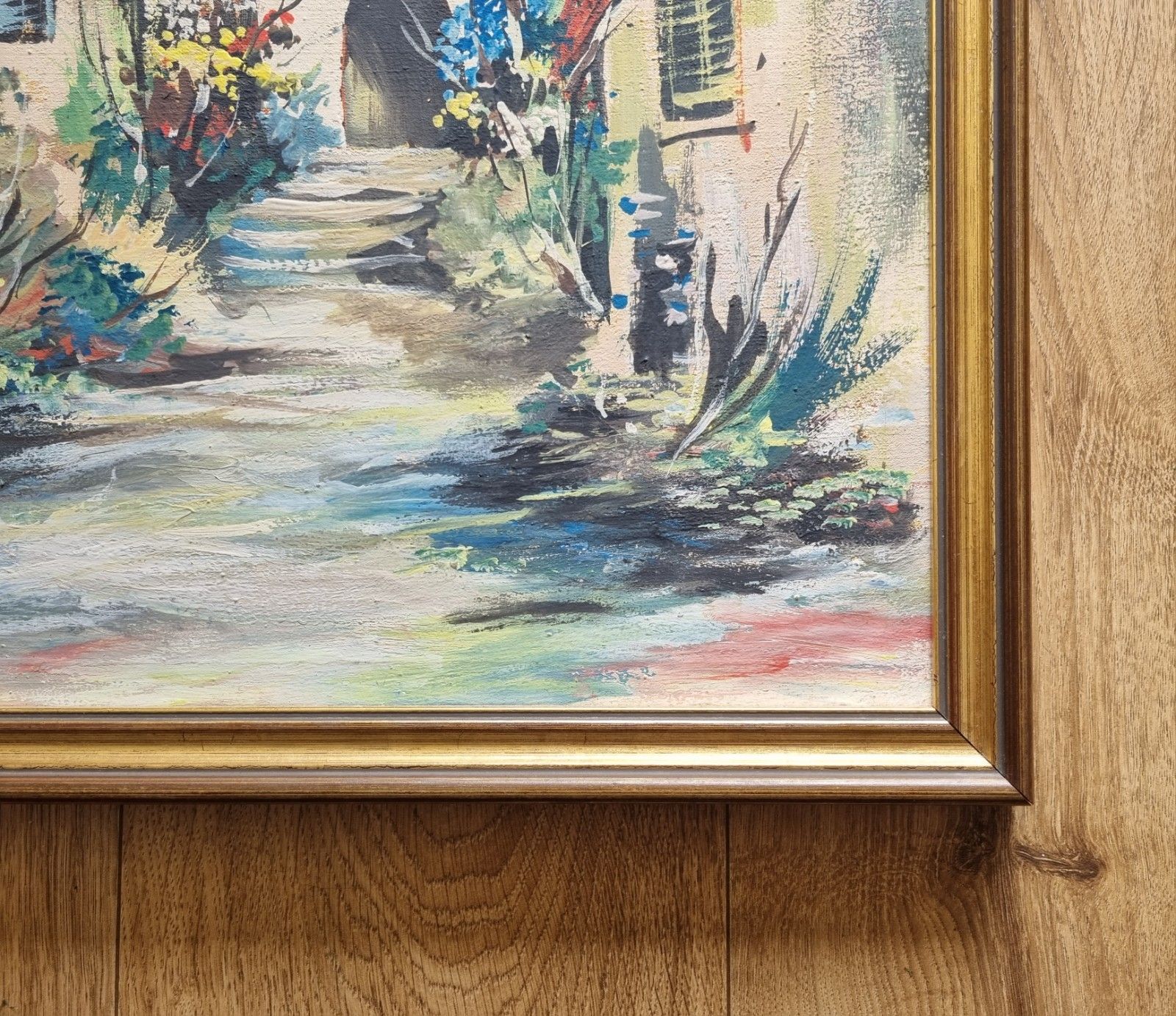 photo vintage Vintage Framed Acrylic Painting Archway View Mediterranean Village Plants Flower
